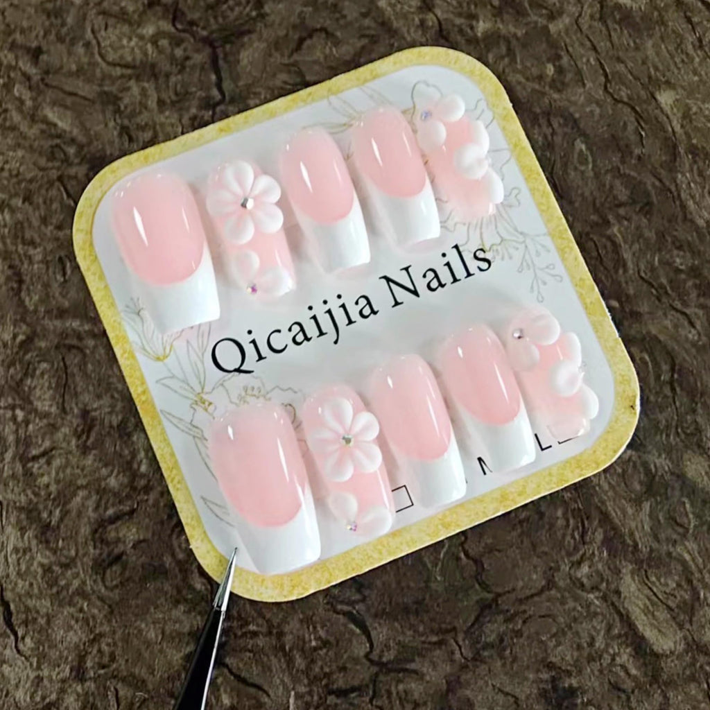 Qicaijia Luxury Press-On Nails – Medium Square, 3D Flower Embossed, White French Tip, 10Pcs (Size M)