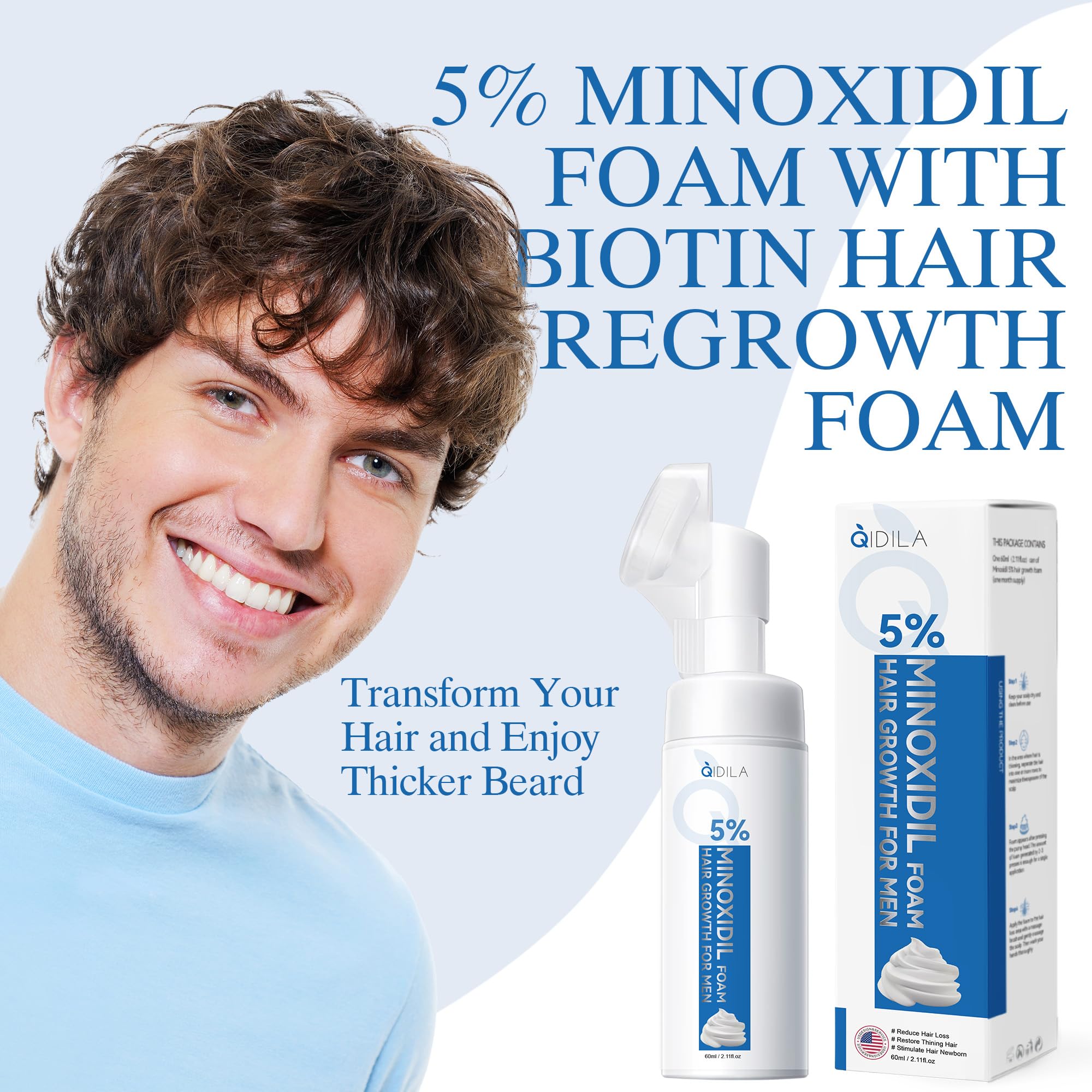 QIDILA 5% Minoxidil Foam for Men – Hair & Beard Regrowth, 60ml, 4-Pack