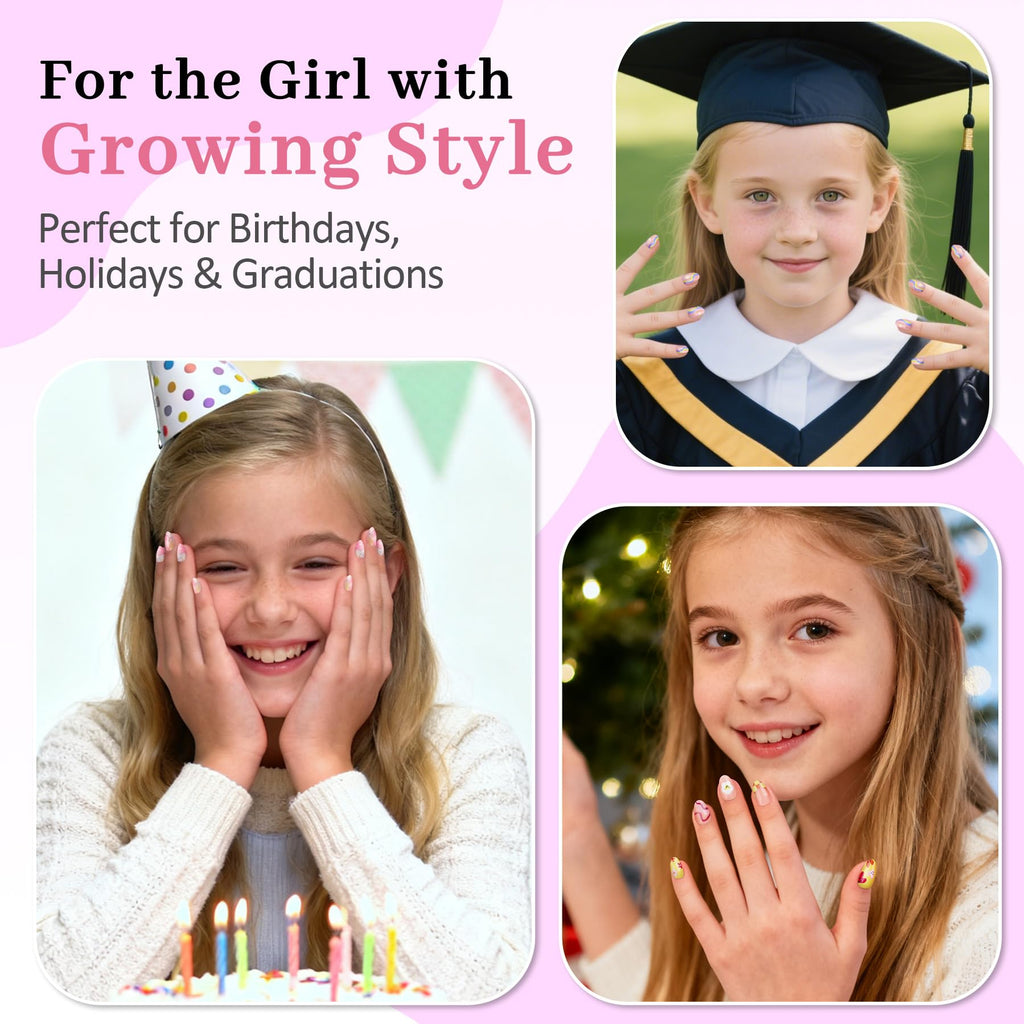 QIEK Kids Press-On Nails – 128 Pcs, 16 Sizes, Almond Shape, Floral Design, Jelly Tabs & Glue (4-Pack)