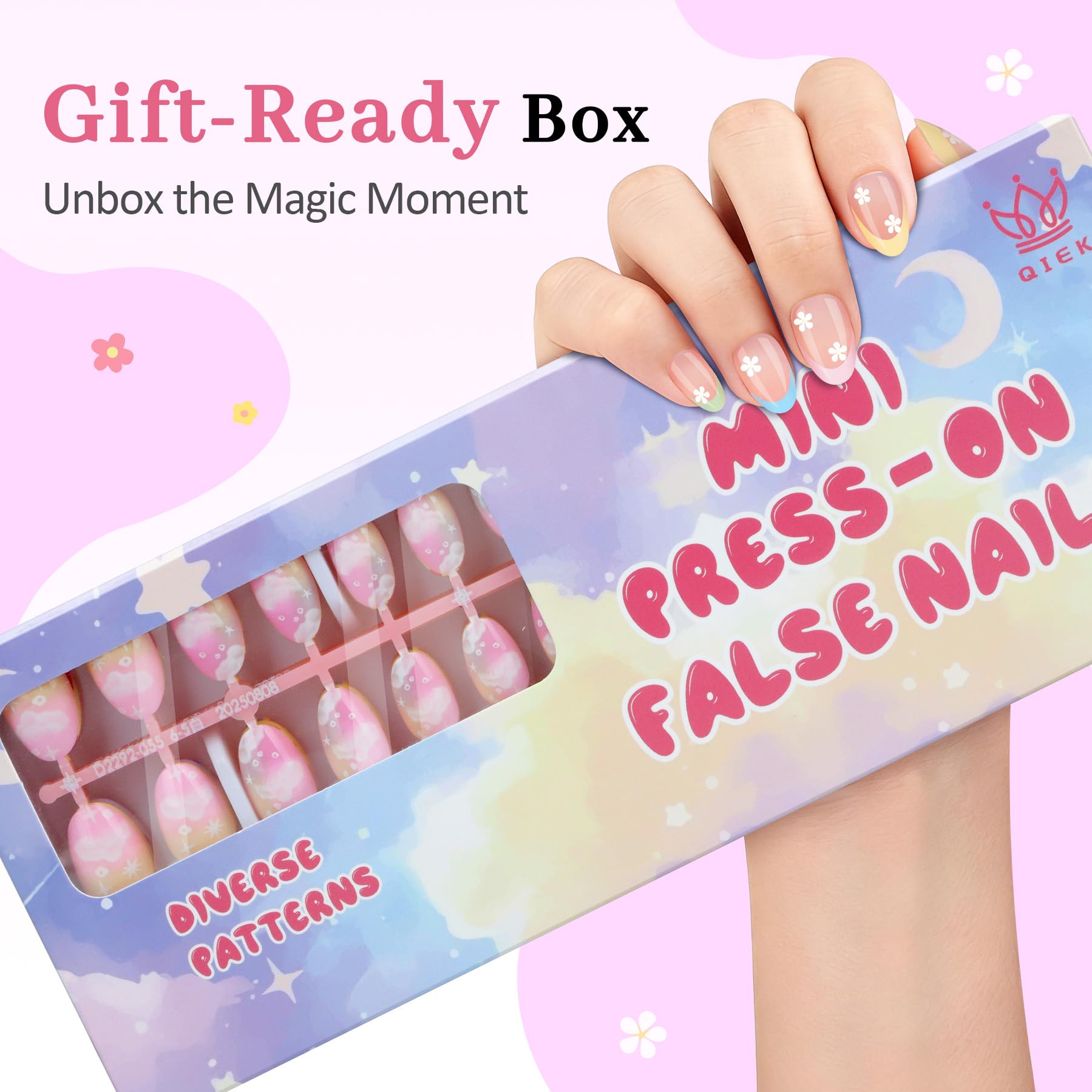 QIEK Kids Press-On Nails – 128 Pcs, 16 Sizes, Almond Shape, Floral Design, Jelly Tabs & Glue (4-Pack)