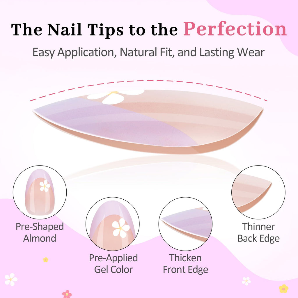 QIEK Kids Press-On Nails – 128 Pcs, 16 Sizes, Almond Shape, Floral Design, Jelly Tabs & Glue (4-Pack)
