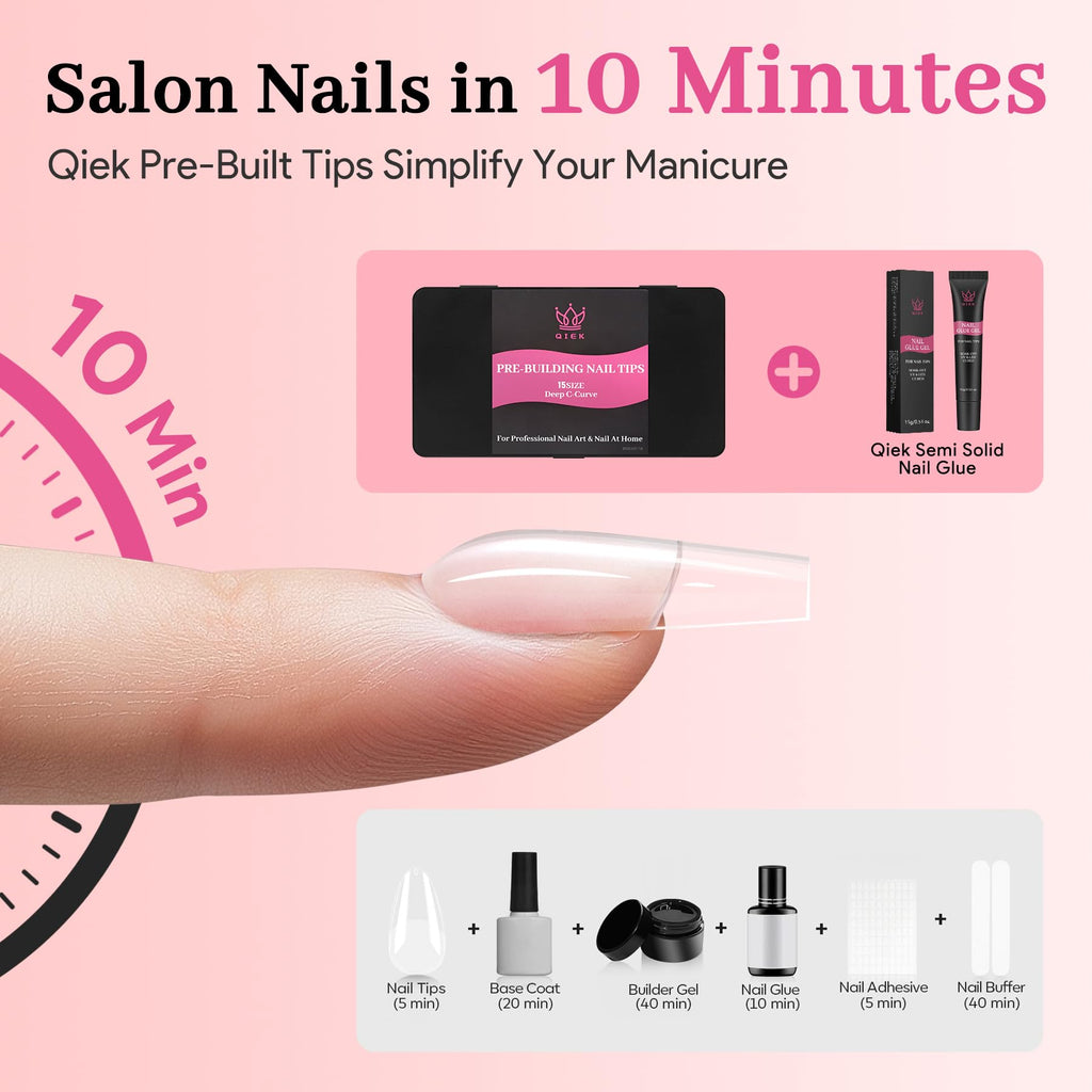 QIEK Nail Tips Kit – Medium Square Pre-Built Apex, 240 Pcs, 15 Sizes