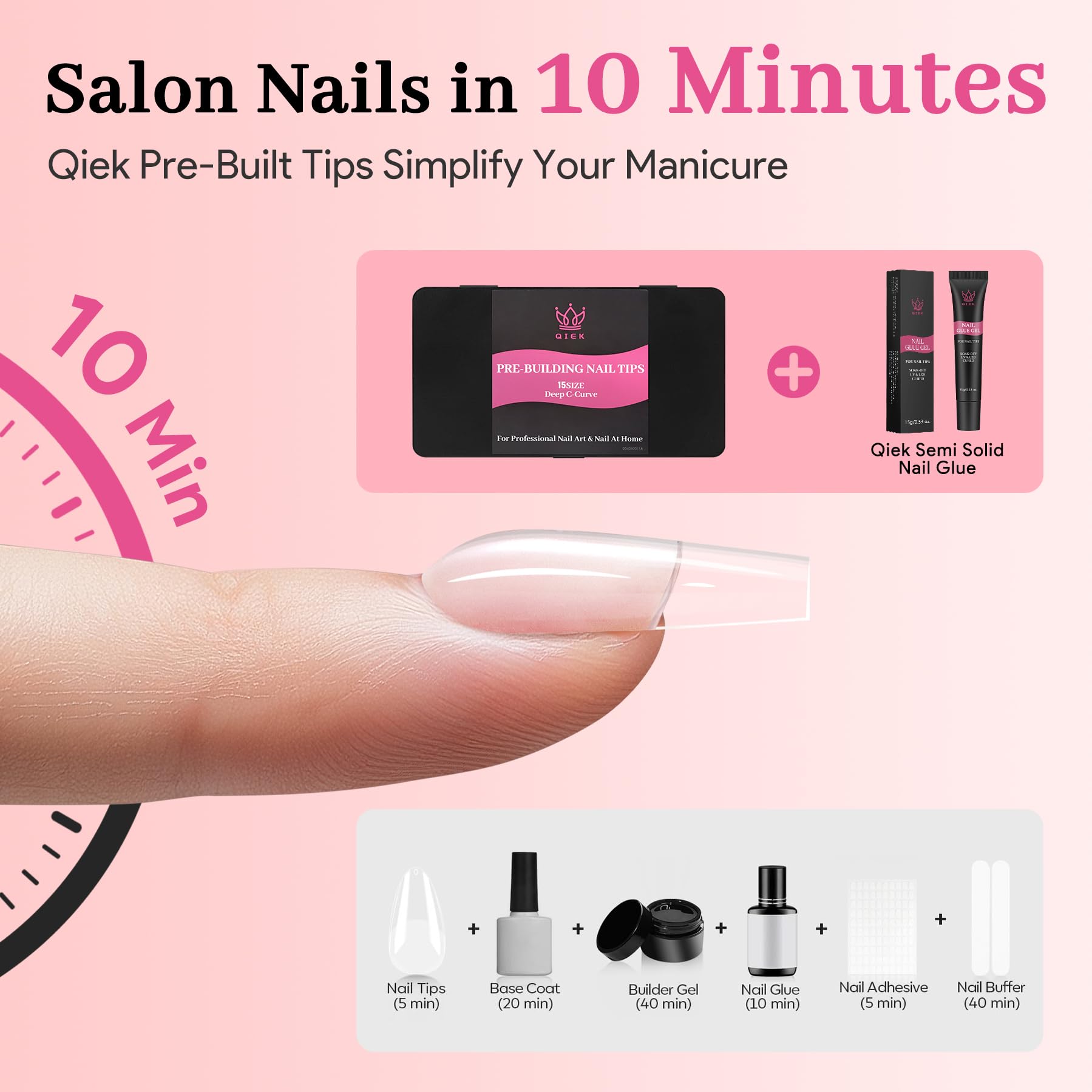 QIEK Nail Tips Kit – Medium Square Pre-Built Apex, 240 Pcs, 15 Sizes