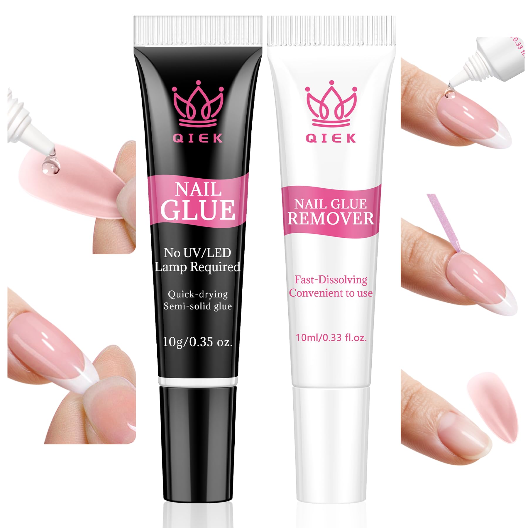 QIEK No-Lamp Nail Glue & Remover Set – Quick-Dry 10ml, Up to 28 Days Hold, 10g Remover