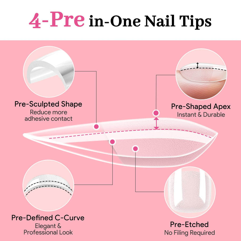 QIEK Medium Almond Pre-Building Nail Tips Kit | 240 Pcs, 15 Sizes, UV Lamp, Glue Gel