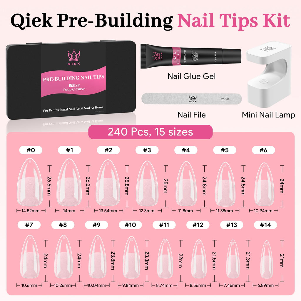 QIEK Medium Almond Pre-Building Nail Tips Kit | 240 Pcs, 15 Sizes, UV Lamp, Glue Gel