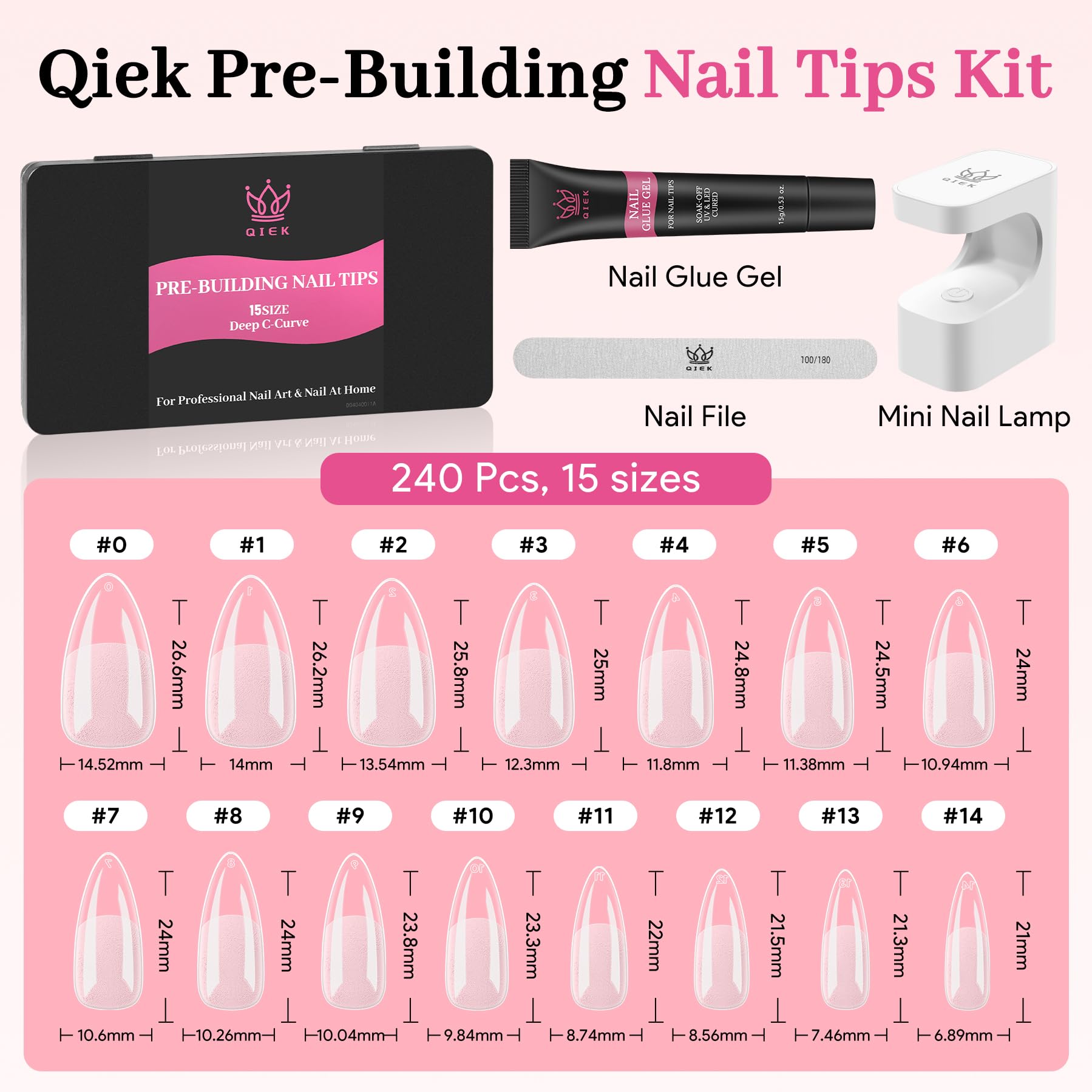 QIEK Medium Almond Pre-Building Nail Tips Kit | 240 Pcs, 15 Sizes, UV Lamp, Glue Gel