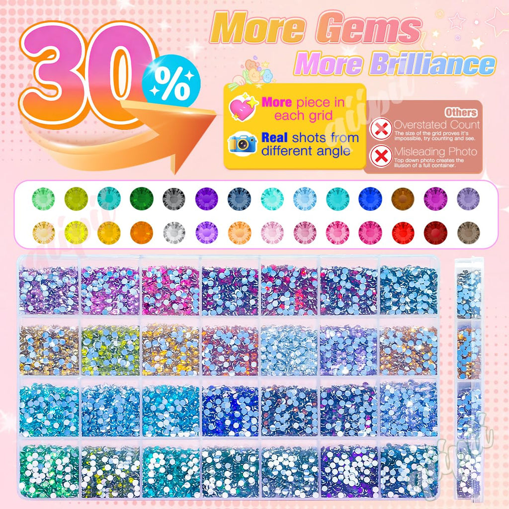 qiipii 28-Color 3mm Crystal Resin Rhinestones with B7000 Glue – Flatback SS10 for Nails, Eyes, Face, Crafts