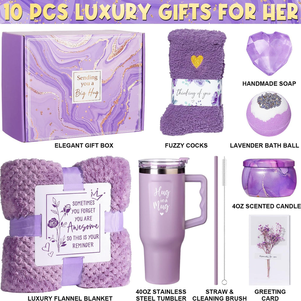 Qinline Birthday Gifts for Women: Lavender Spa Gift Basket + 40oz Tumbler