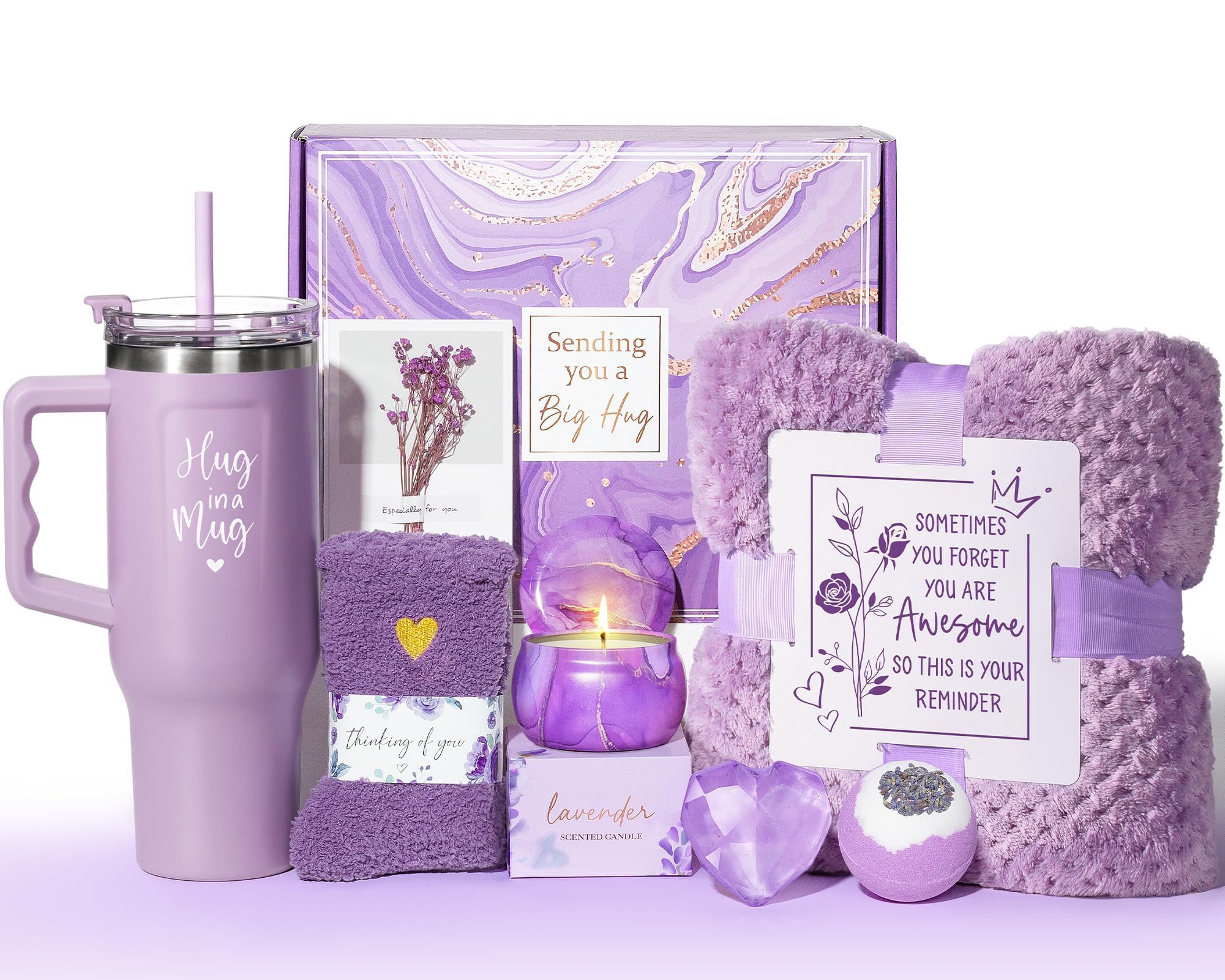 Qinline Birthday Gifts for Women: Lavender Spa Gift Basket + 40oz Tumbler