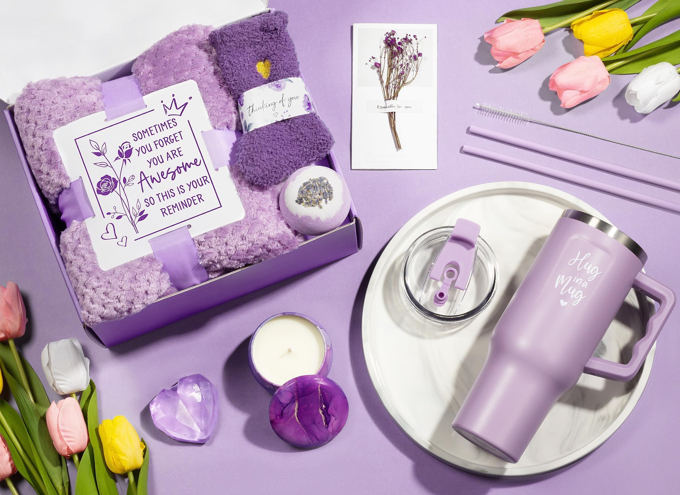 Qinline Birthday Gifts for Women: Lavender Spa Gift Basket + 40oz Tumbler