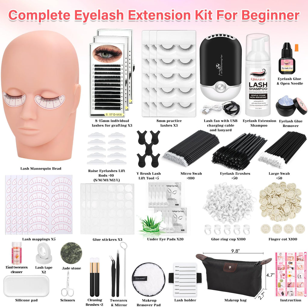 Qinzave Lash Kit for Beginners – Eyelash Extension Practice Starter with Mannequin Head