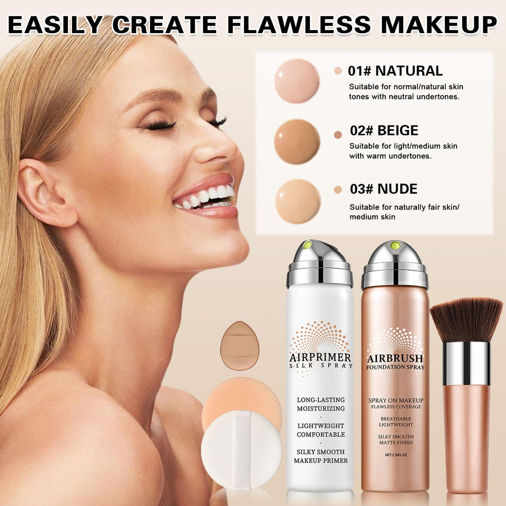 QIUFSSE Airbrush Foundation with Primer – Silk Flawless Makeup, Buildable Coverage, Hydrating Anti-Aging (02 Beige)