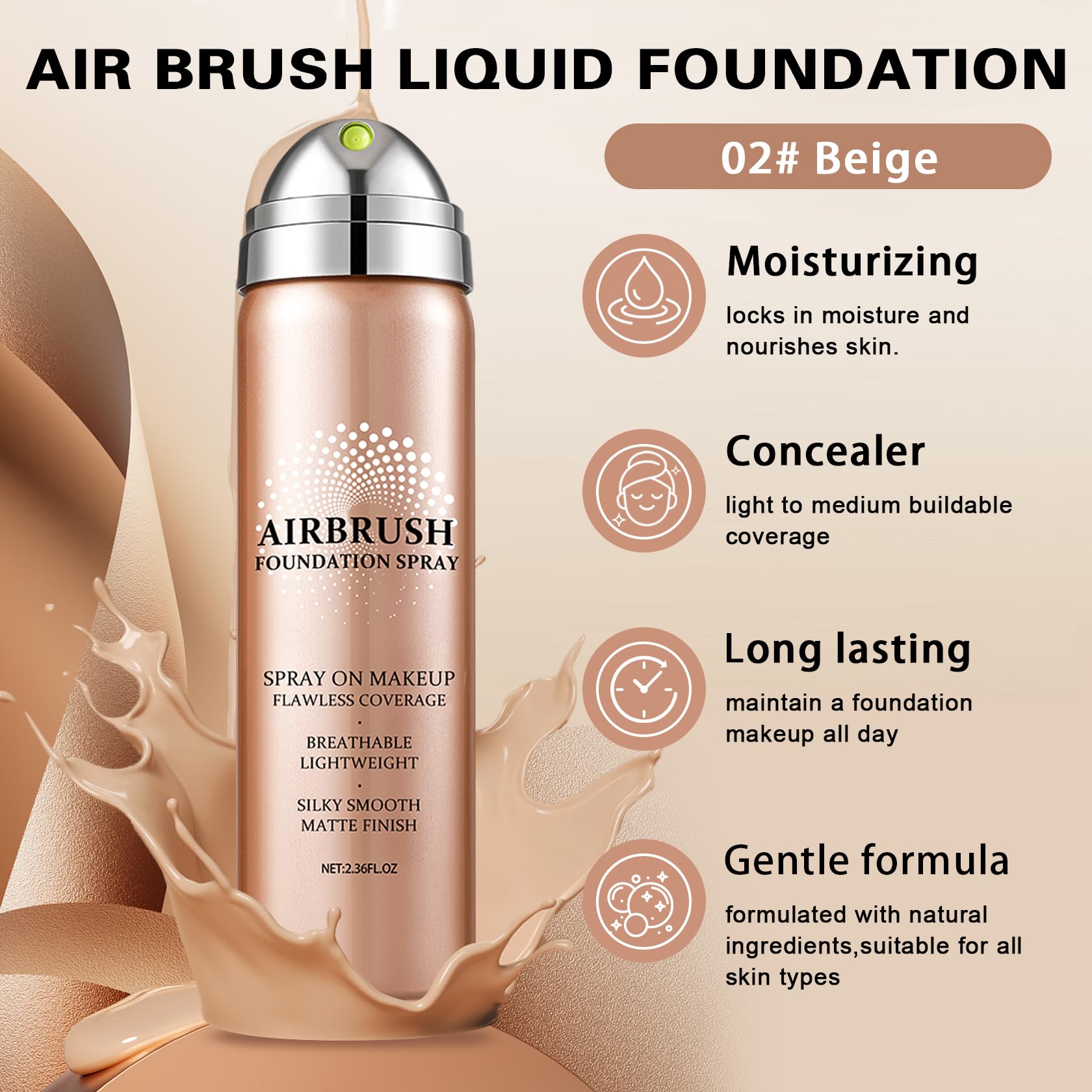 QIUFSSE Airbrush Foundation with Primer – Silk Flawless Makeup, Buildable Coverage, Hydrating Anti-Aging (02 Beige)