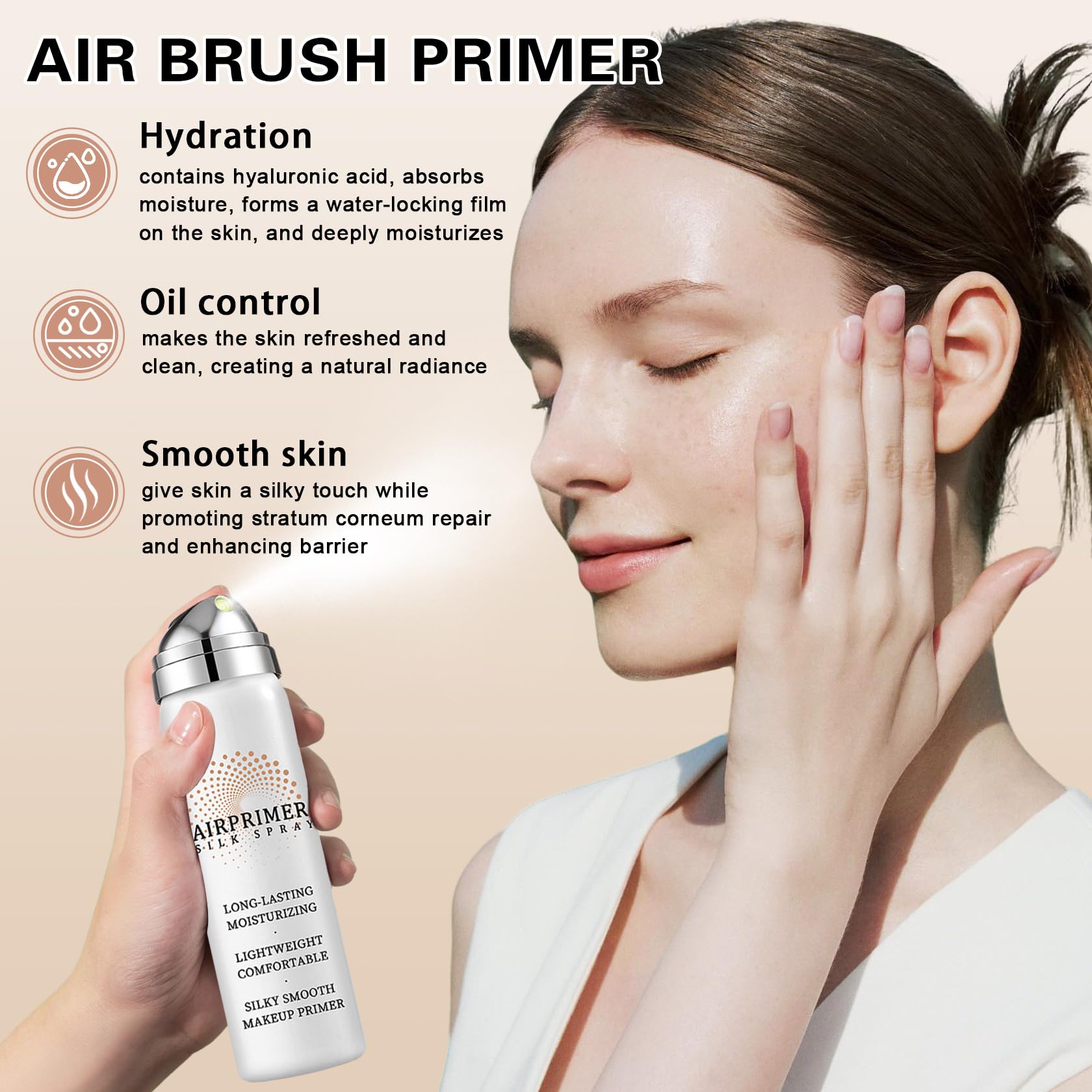 QIUFSSE Airbrush Foundation with Primer – Silk Flawless Makeup, Buildable Coverage, Hydrating Anti-Aging (02 Beige)