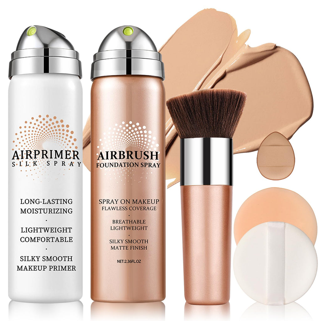 QIUFSSE Airbrush Foundation with Primer – Silk Flawless Makeup, Buildable Coverage, Hydrating Anti-Aging (02 Beige)