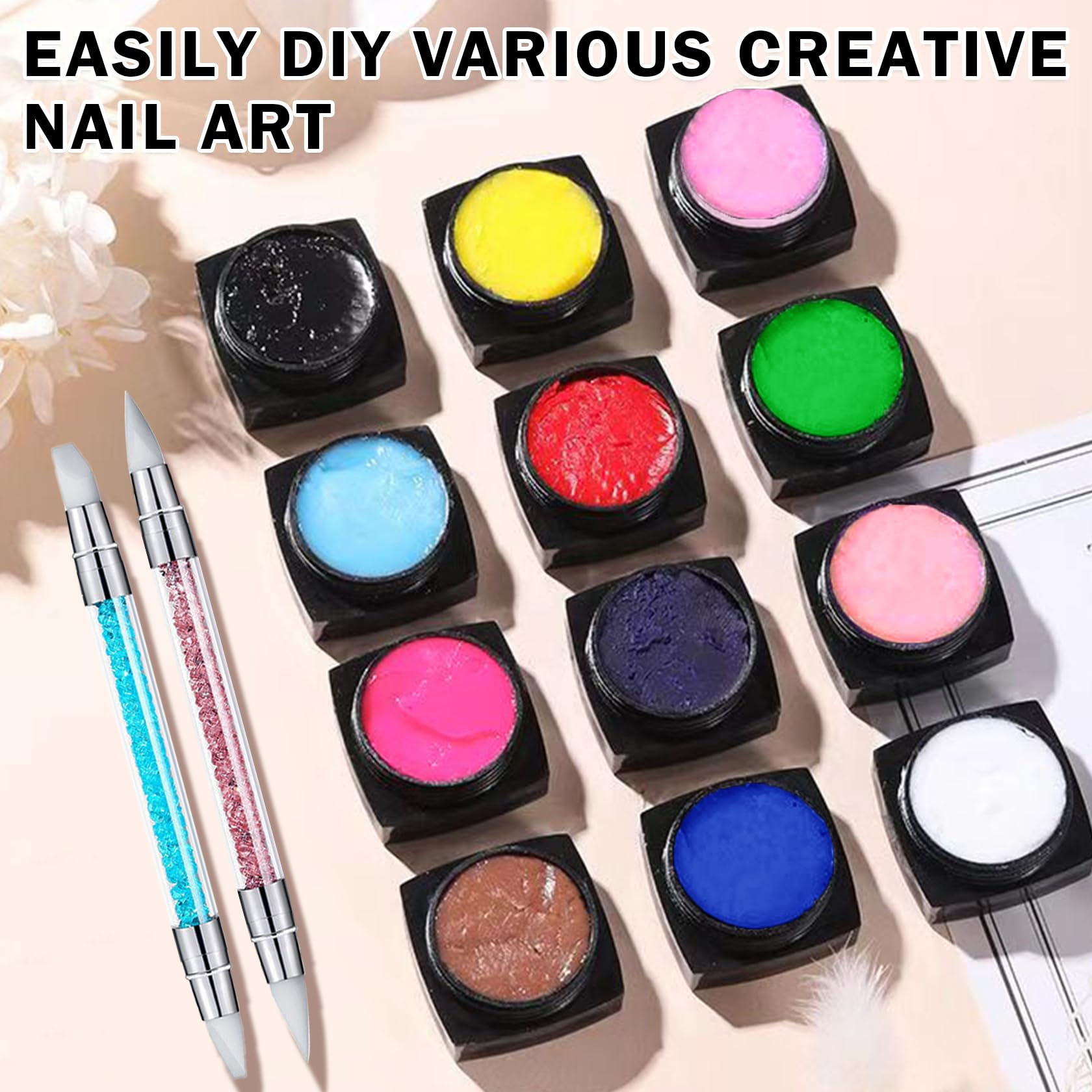 QIUFSSE 3D Nail Gel Sculpting Gel – 12 Colors & Carved Painting Pen Nail Art Kit (Soak Off UV/LED)