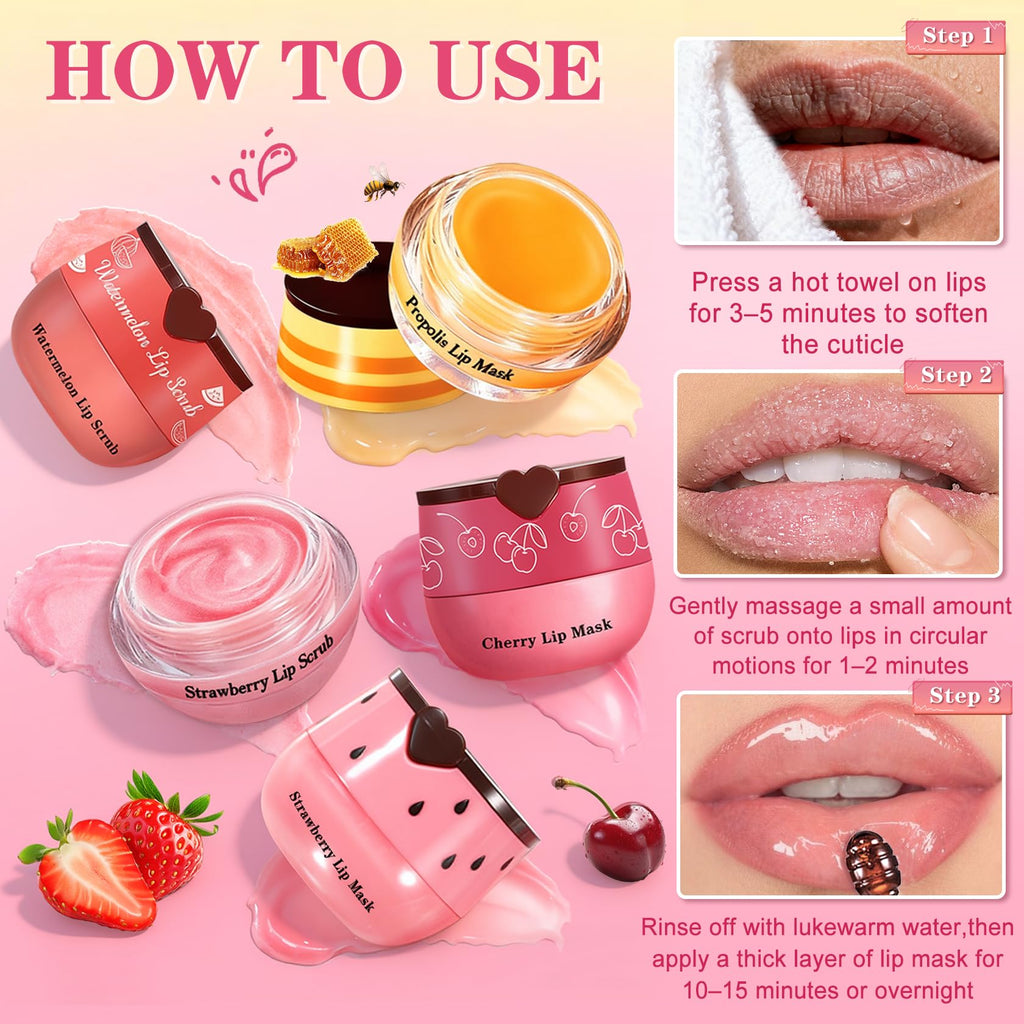 QIUFSSE Lip Scrub & Mask Set – Strawberry, Cherry & Honey Masks + Exfoliator Scrubs | Cruelty-Free