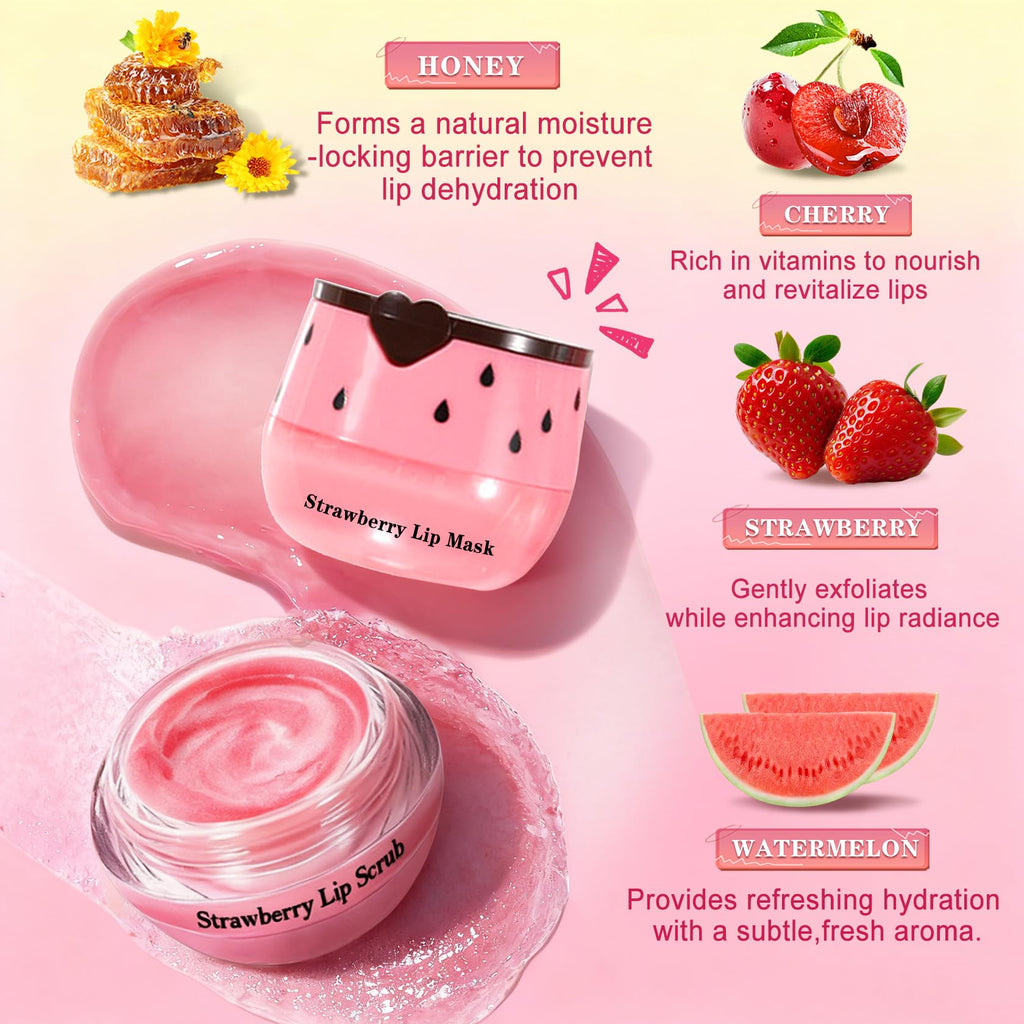 QIUFSSE Lip Scrub & Mask Set – Strawberry, Cherry & Honey Masks + Exfoliator Scrubs | Cruelty-Free
