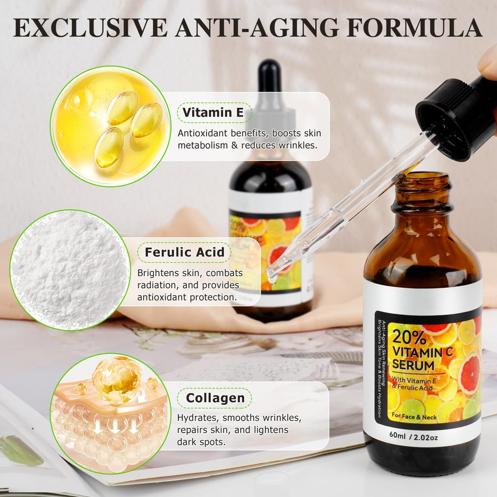 QJCWXIAOX Premium 20% Vitamin C Serum for Face & Neck - Anti-Aging, Hydration, 60ml