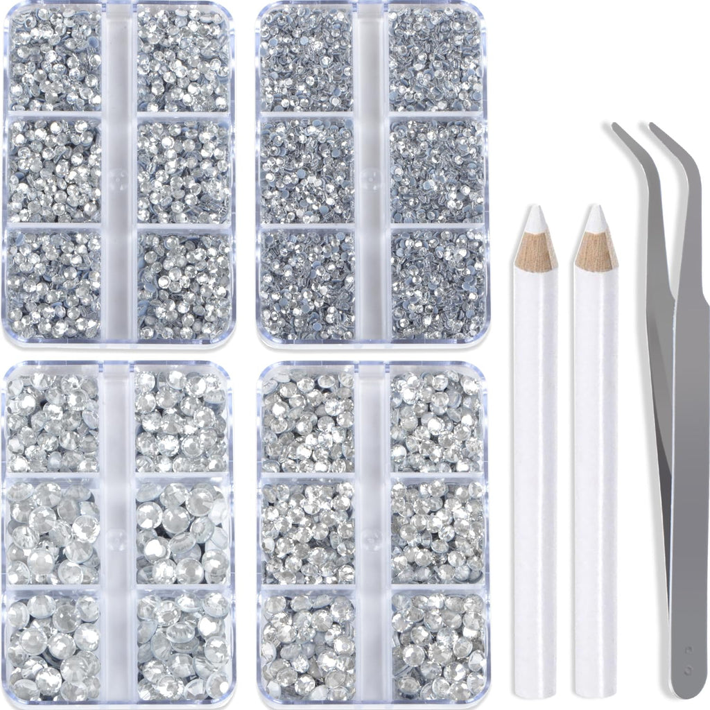 QOGIR 10000 Pieces Mixed Size Clear Hotfix Rhinestones – 4 Boxes with Tweezers & Picking Pen