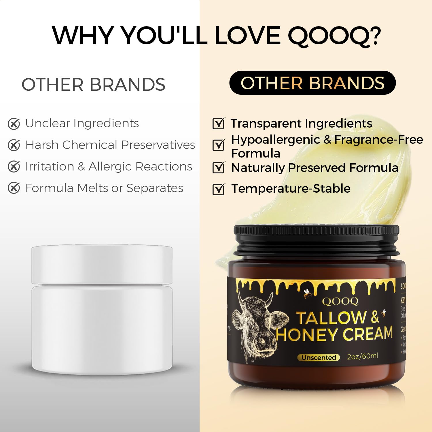 QOOQ Grass-Fed Beef Tallow Facial Cream – Unscented, Raw Honey & Shea Butter (2 oz)