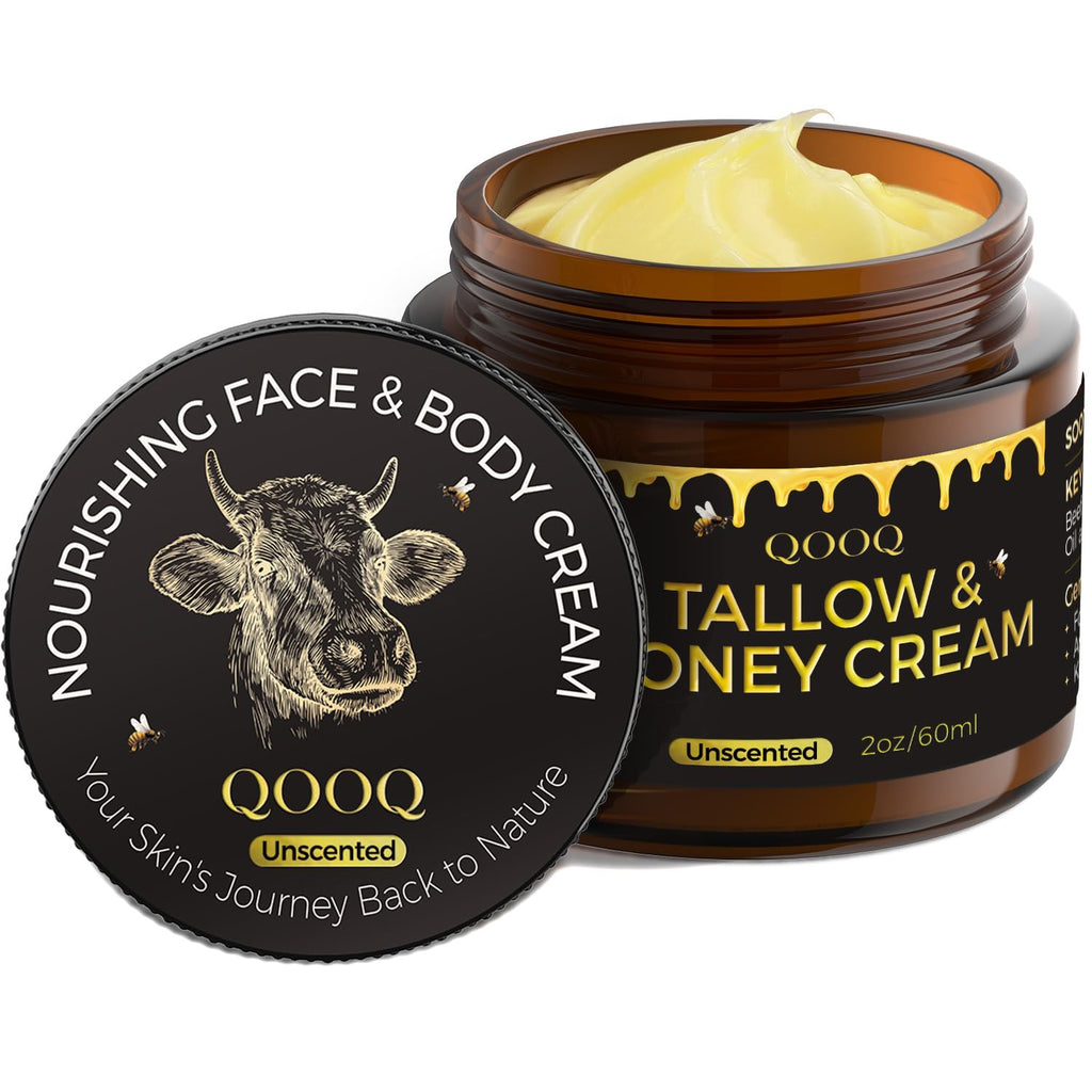 QOOQ Grass-Fed Beef Tallow Facial Cream – Unscented, Raw Honey & Shea Butter (2 oz)