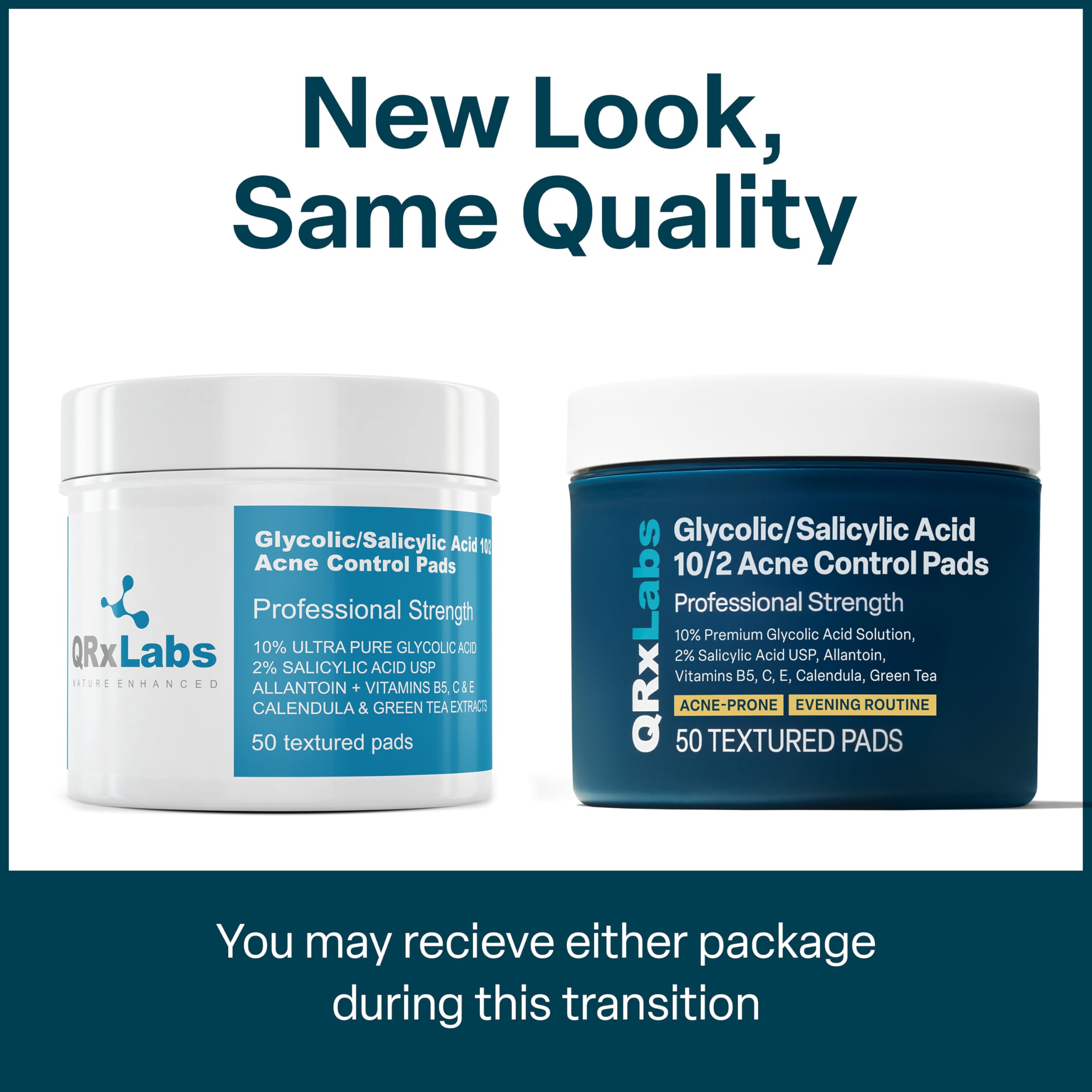 QRxLabs Salicylic & Glycolic Acid Acne Clearing Pads - 2% Salicylic, 10% Glycolic - 50 Count