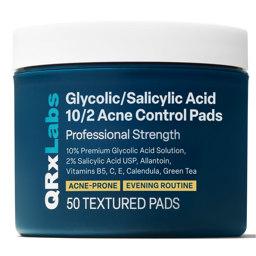 QRxLabs Salicylic & Glycolic Acid Acne Clearing Pads - 2% Salicylic, 10% Glycolic - 50 Count