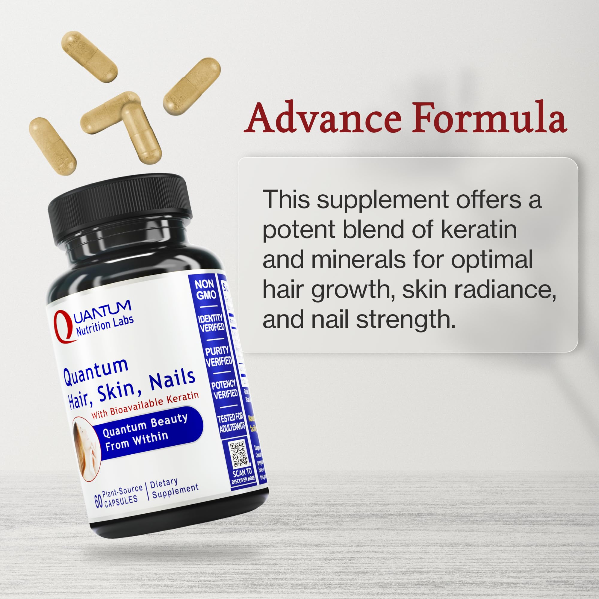 Quantum Nutrition Labs Hair Skin and Nails Keratin Supplement – 60 Vegetarian Capsules