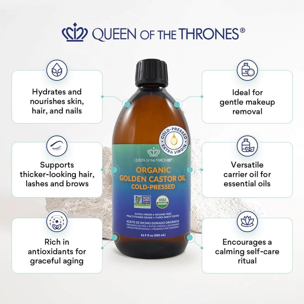 QUEEN OF THE THRONES Organic Golden Castor Oil | 100% Pure, Hexane-Free | Amber Glass | USDA Certified 16.9oz (500ml)