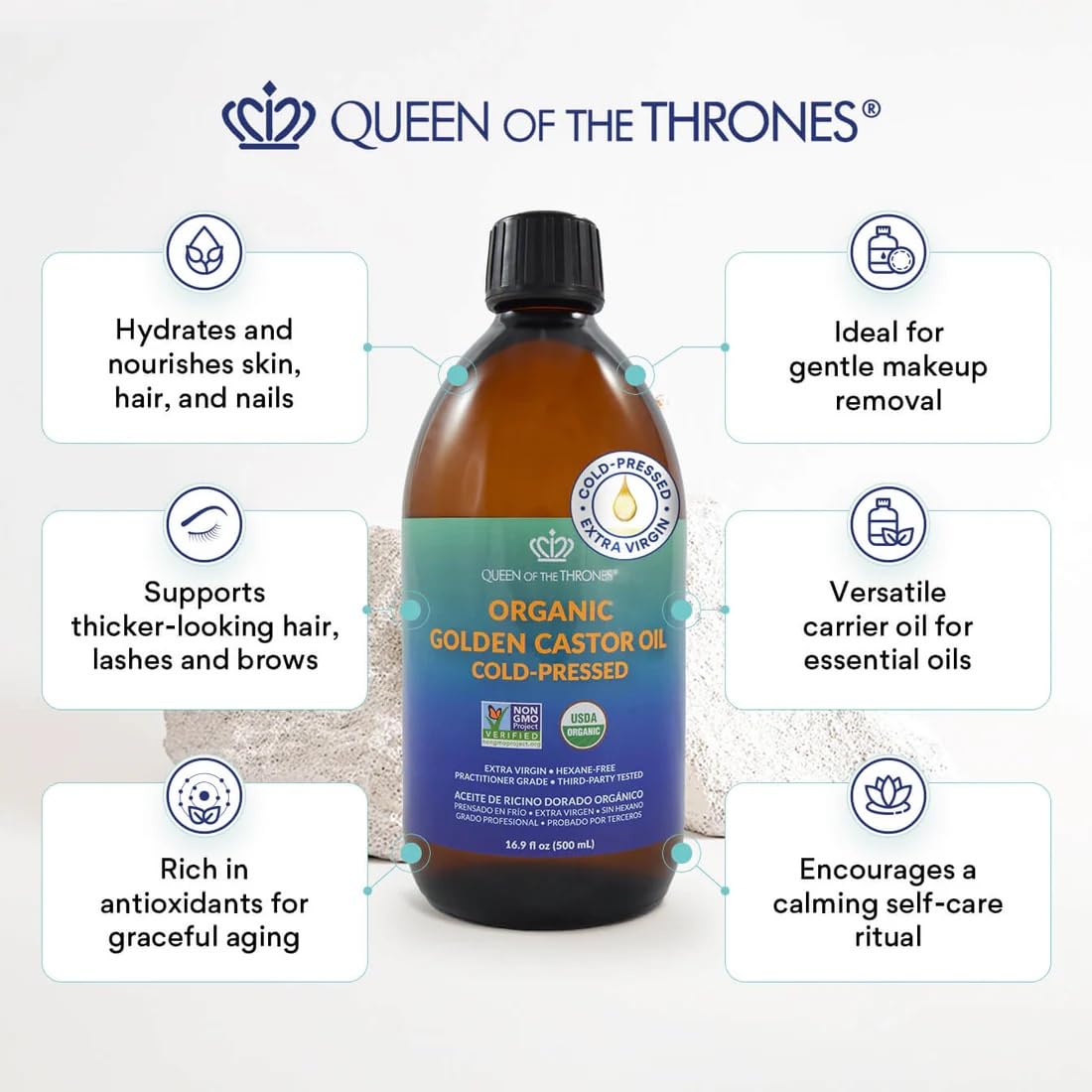 QUEEN OF THE THRONES Organic Golden Castor Oil | 100% Pure, Hexane-Free | Amber Glass | USDA Certified 16.9oz (500ml)