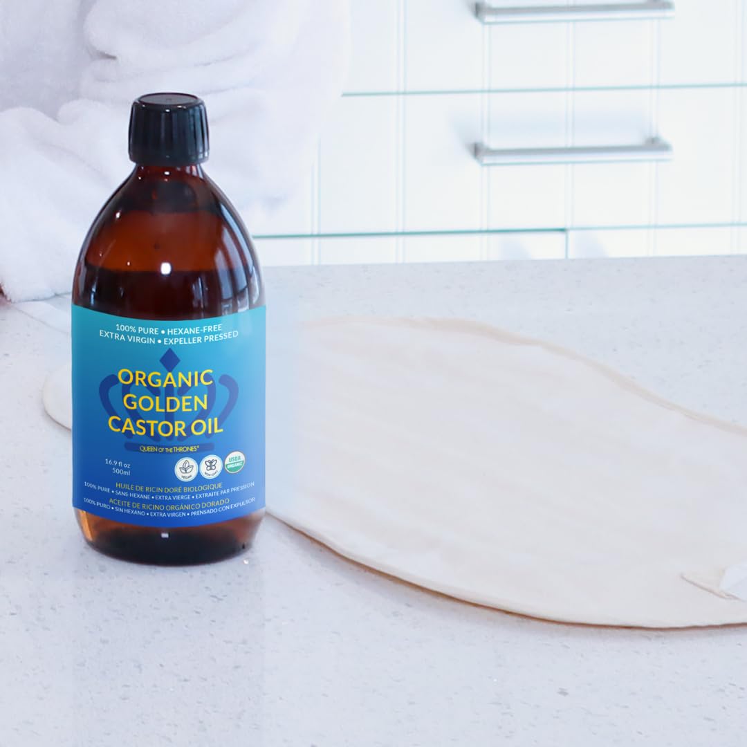 QUEEN OF THE THRONES Organic Golden Castor Oil | 100% Pure, Hexane-Free | Amber Glass | USDA Certified 16.9oz (500ml)