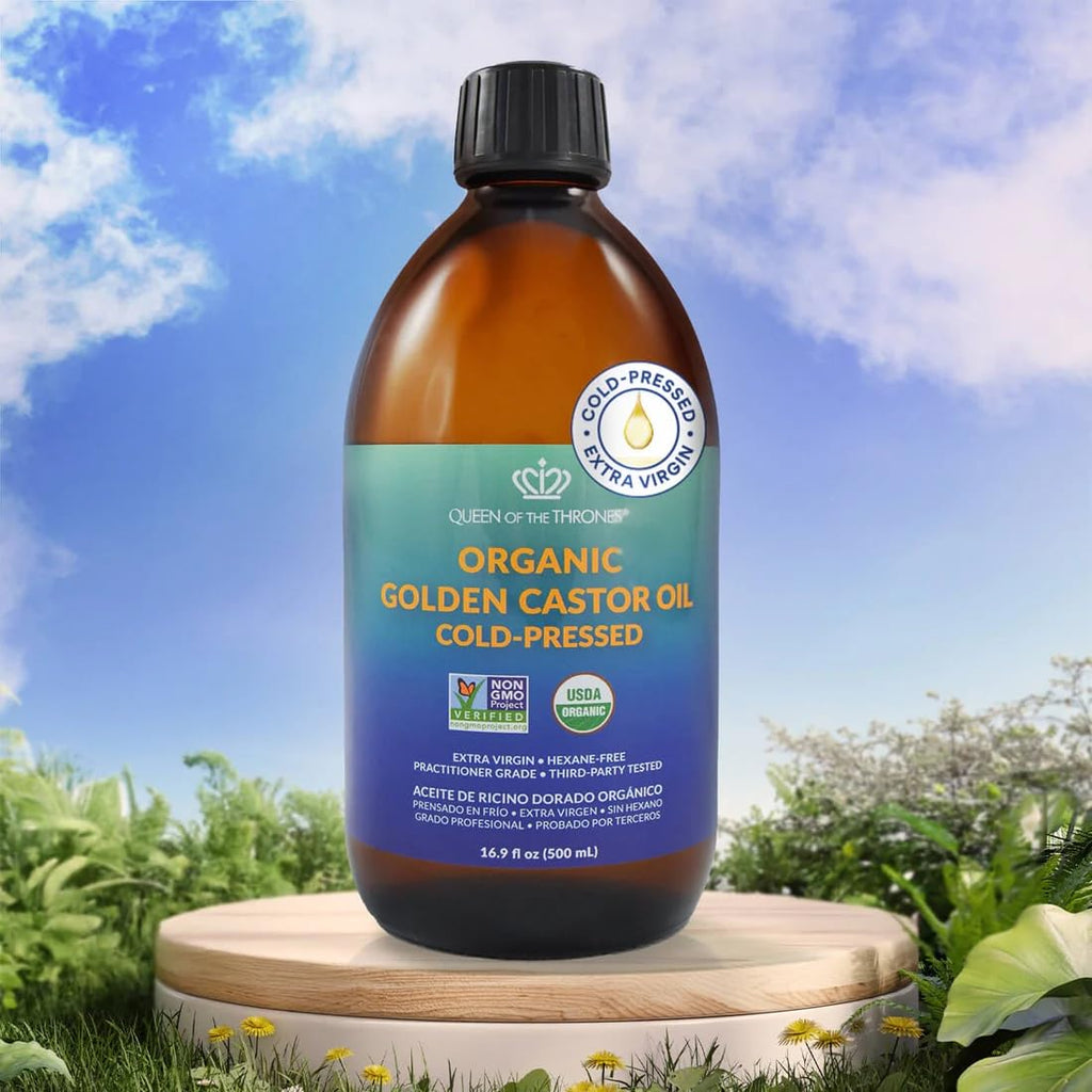 QUEEN OF THE THRONES Organic Golden Castor Oil | 100% Pure, Hexane-Free | Amber Glass | USDA Certified 16.9oz (500ml)
