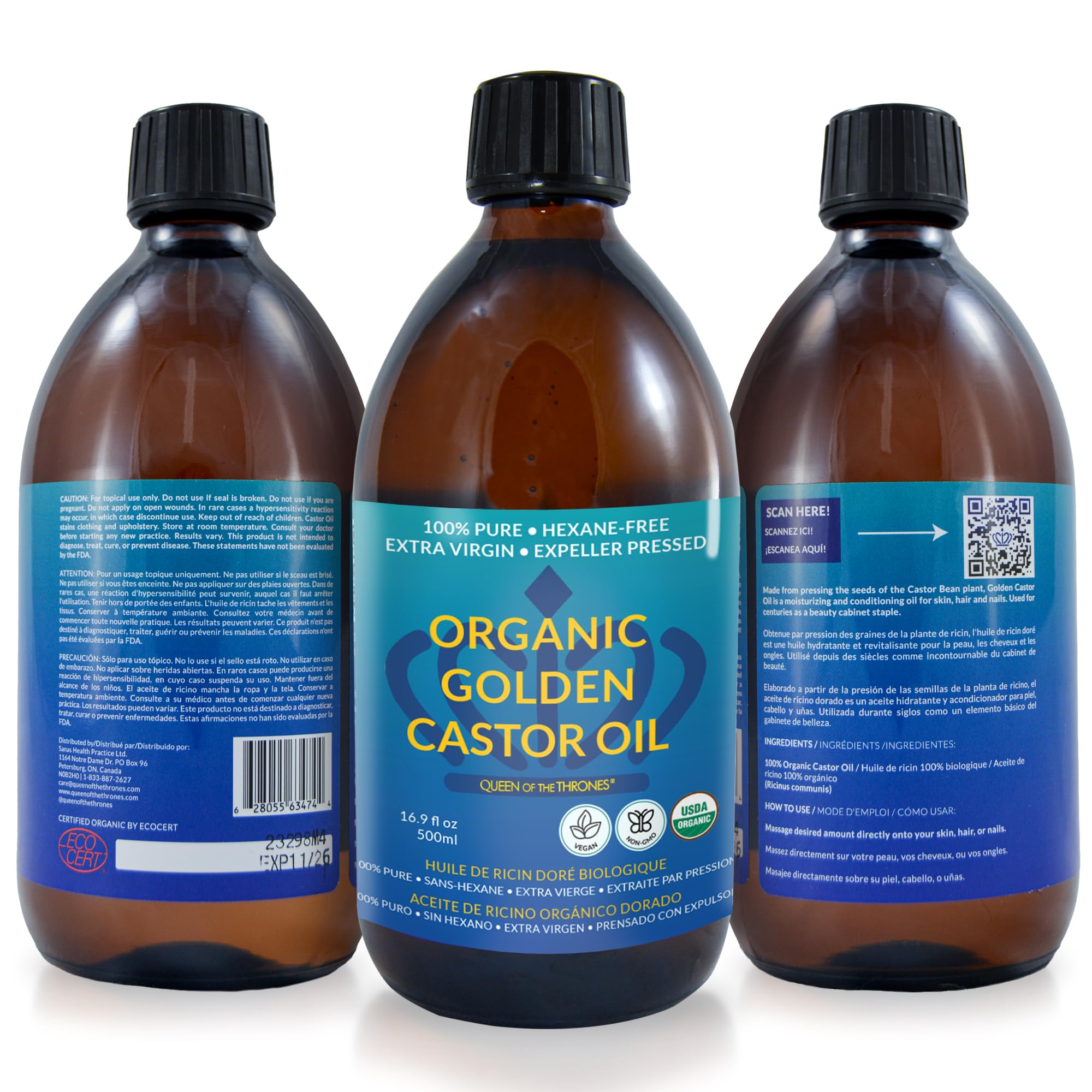 QUEEN OF THE THRONES Organic Golden Castor Oil | 100% Pure, Hexane-Free | Amber Glass | USDA Certified 16.9oz (500ml)