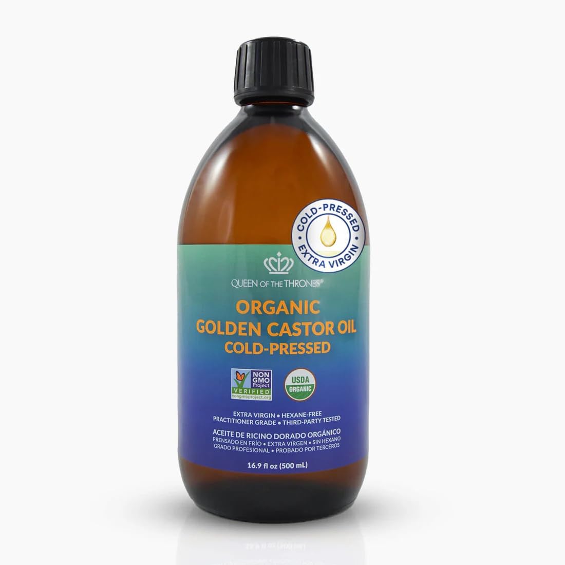 QUEEN OF THE THRONES Organic Golden Castor Oil | 100% Pure, Hexane-Free | Amber Glass | USDA Certified 16.9oz (500ml)