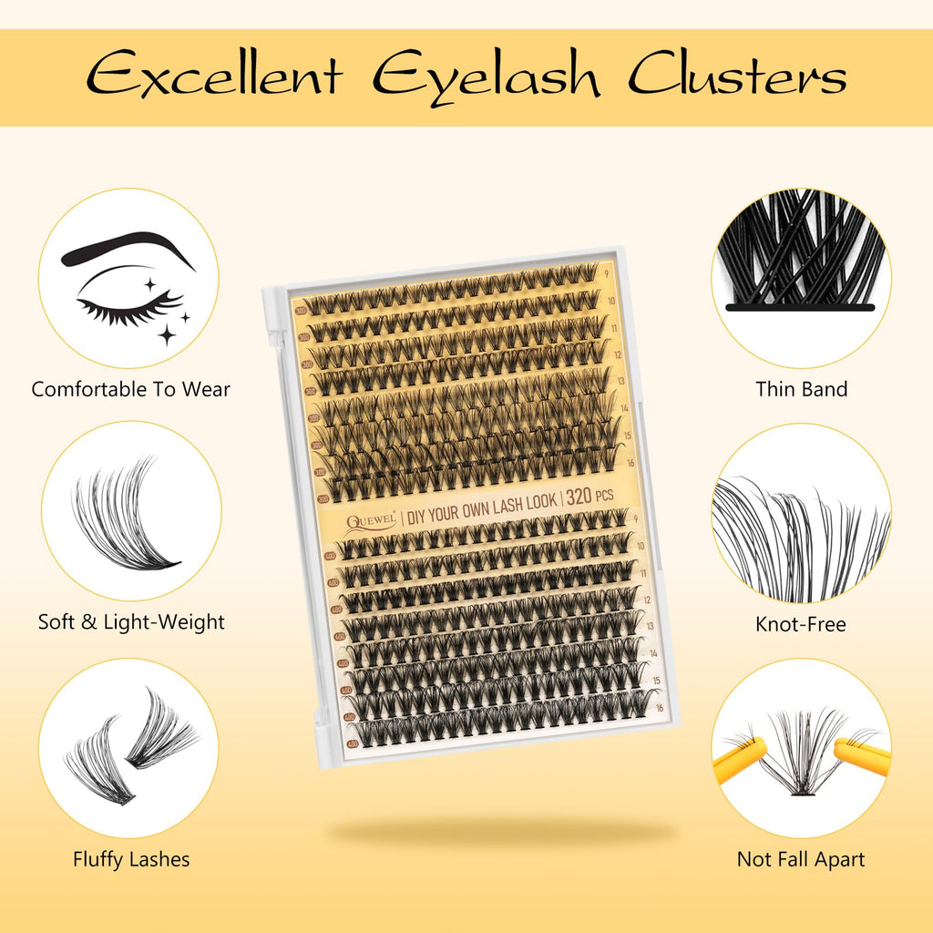 QUEWEL Lash Clusters Kit – 320 Pcs 30D/40D Wispy Lash Extensions for DIY Styling