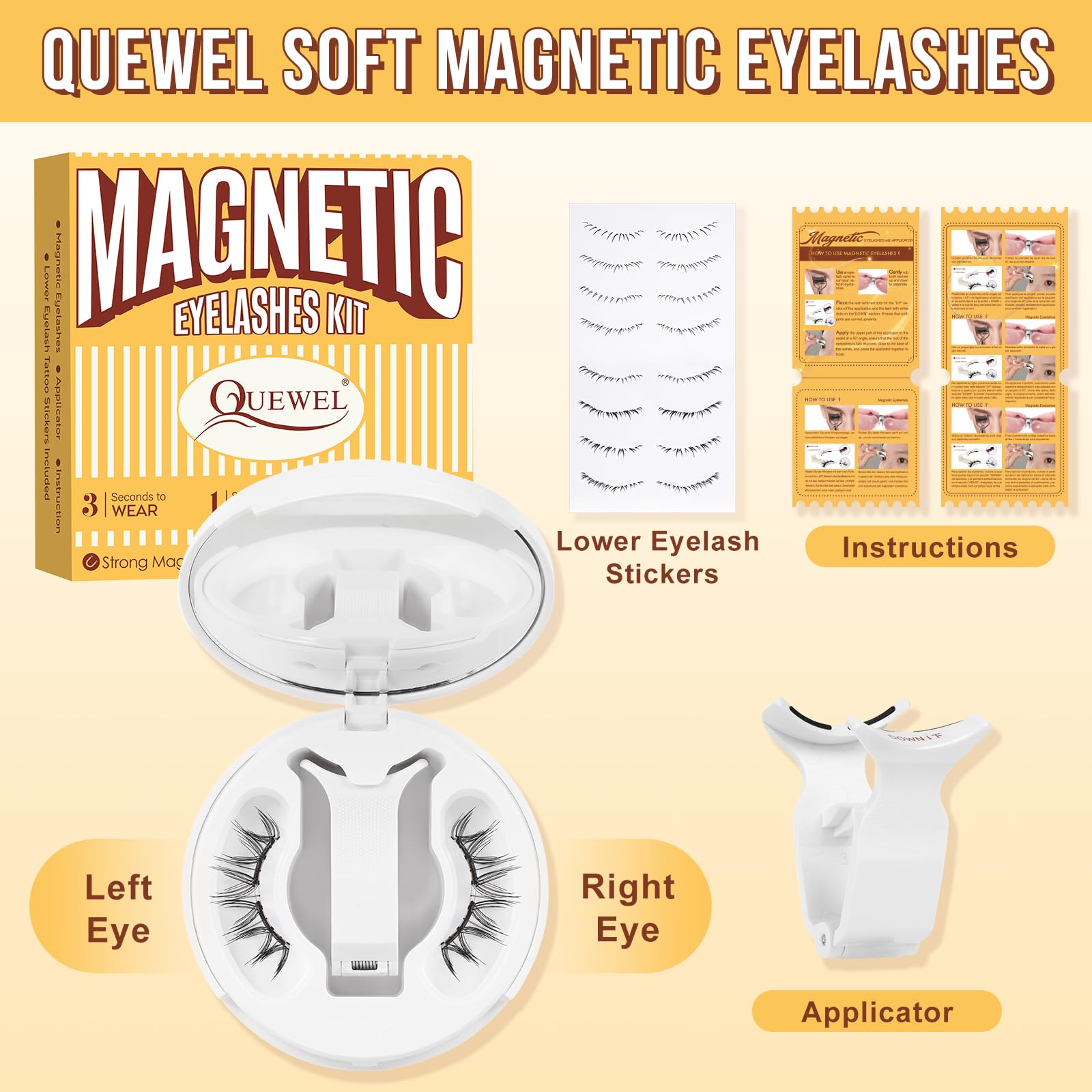 QUEWEL Soft Magnetic Lashes with Applicator | No Glue Needed, Reusable