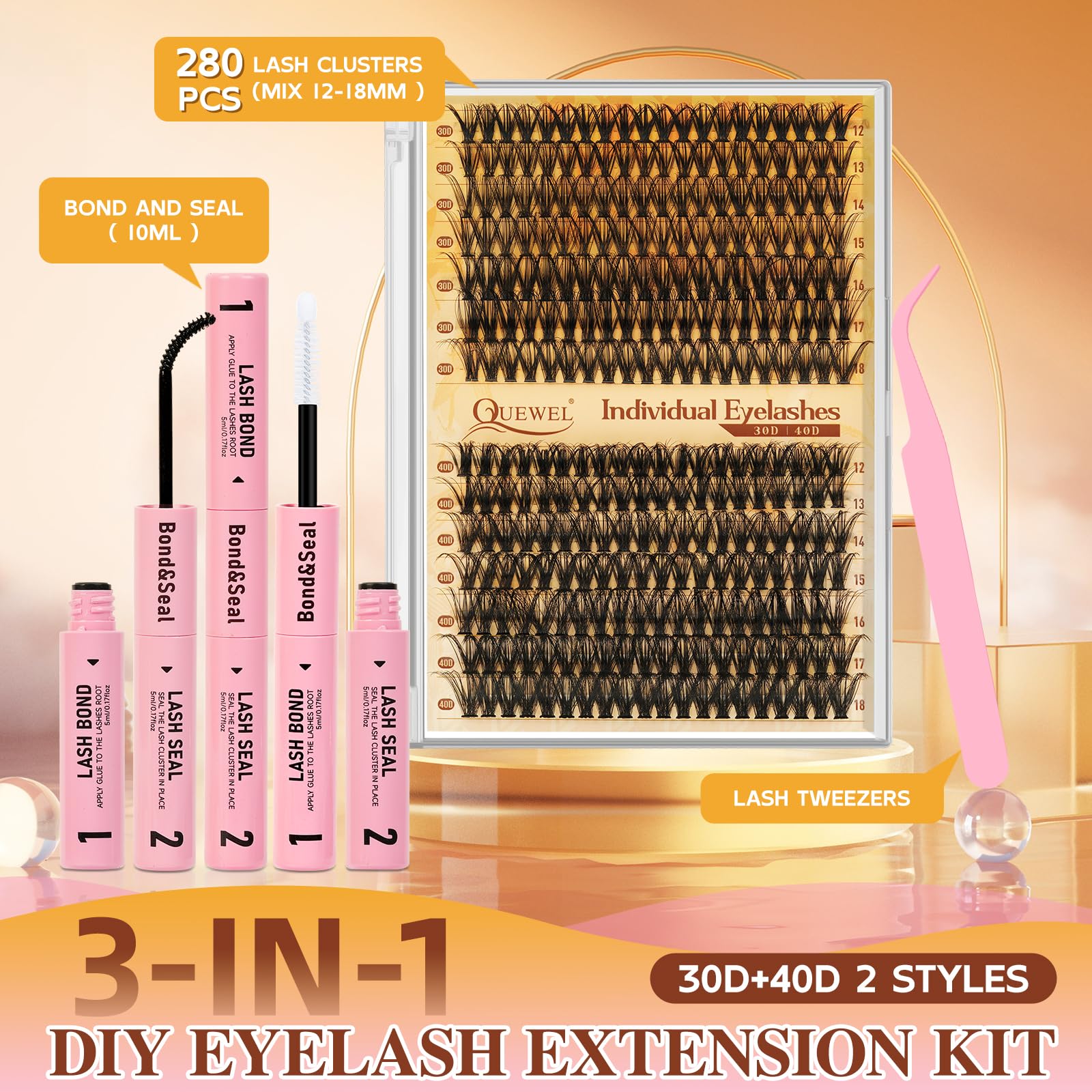 QUEWEL Lash Clusters Kit - DIY Lash Extensions 30D+40D (12-18mm) with Bond & Seal