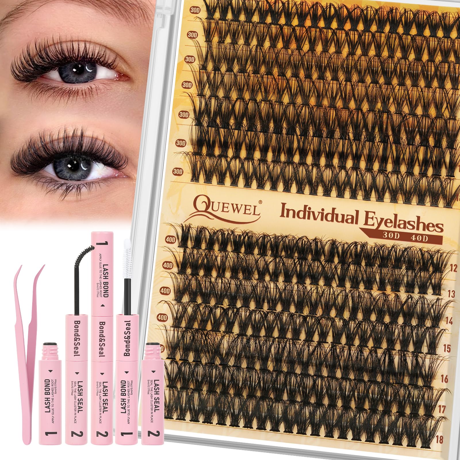 QUEWEL Lash Clusters Kit - DIY Lash Extensions 30D+40D (12-18mm) with Bond & Seal