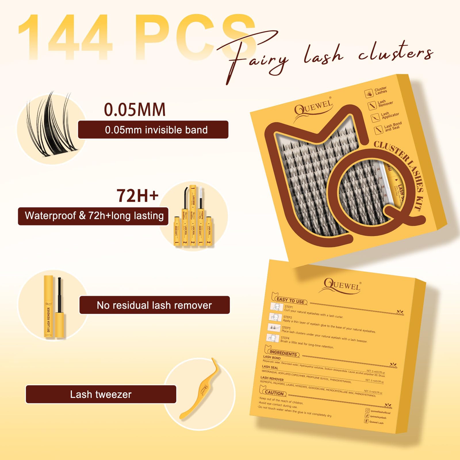 QUEWEL Fairy-Lash-Clusters Kit - DIY Manga Lash Clusters (144pcs) 10-18mm with Invisible Band
