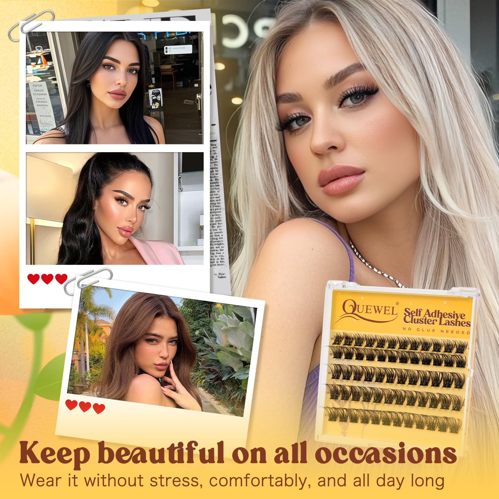 QUEWEL Self Adhesive Lash Clusters Kit — No Glue Needed, 10–16mm, DIY Lashes