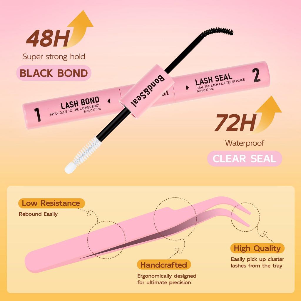 QUEWEL Lash Clusters Kit - DIY Lash Extensions 30D+40D (12-18mm) with Bond & Seal