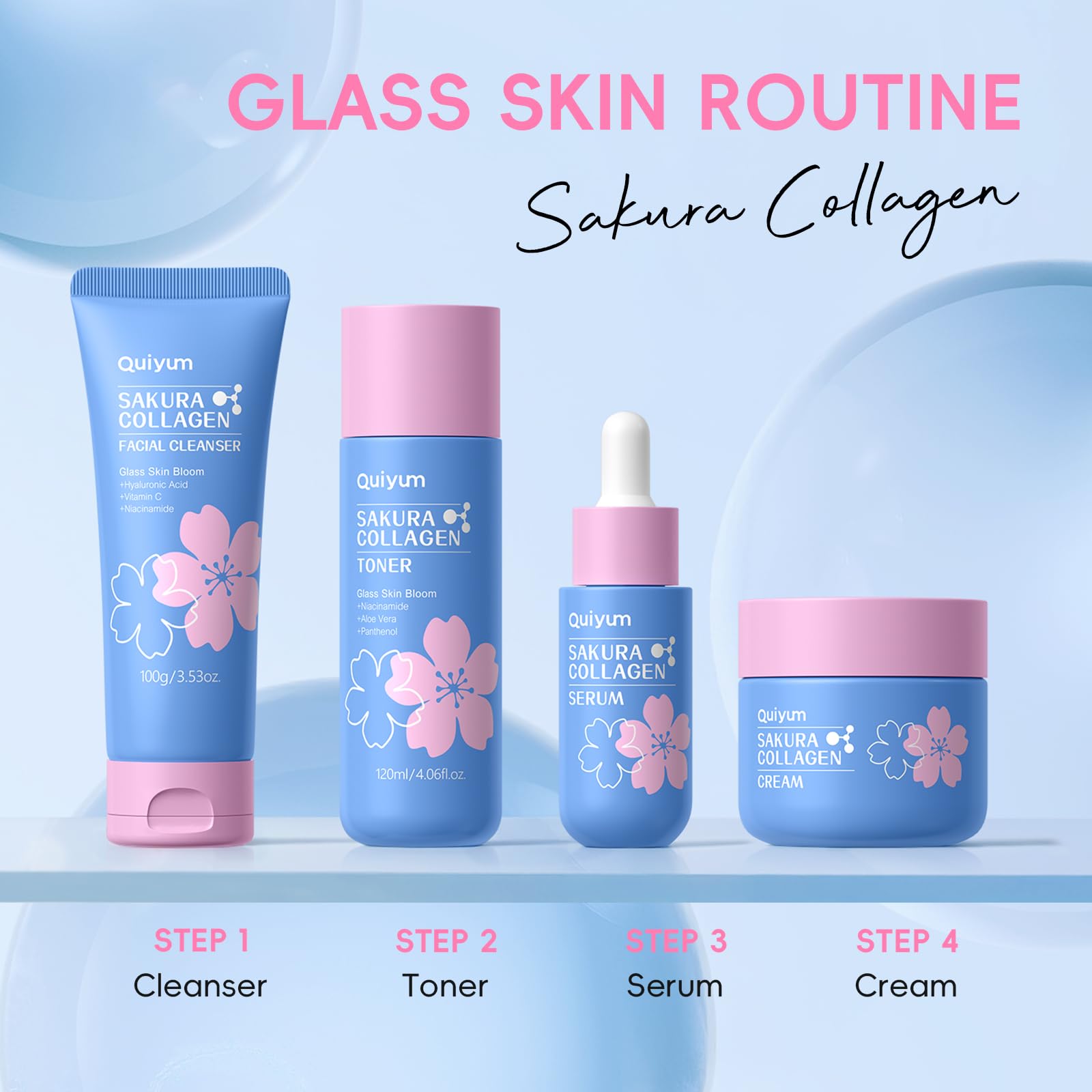 QUIYUM Sakura Collagen Skincare Set – 7pc with Cleanser, Serum, Toner, Cream, Brush, Hair Band & Makeup Bag