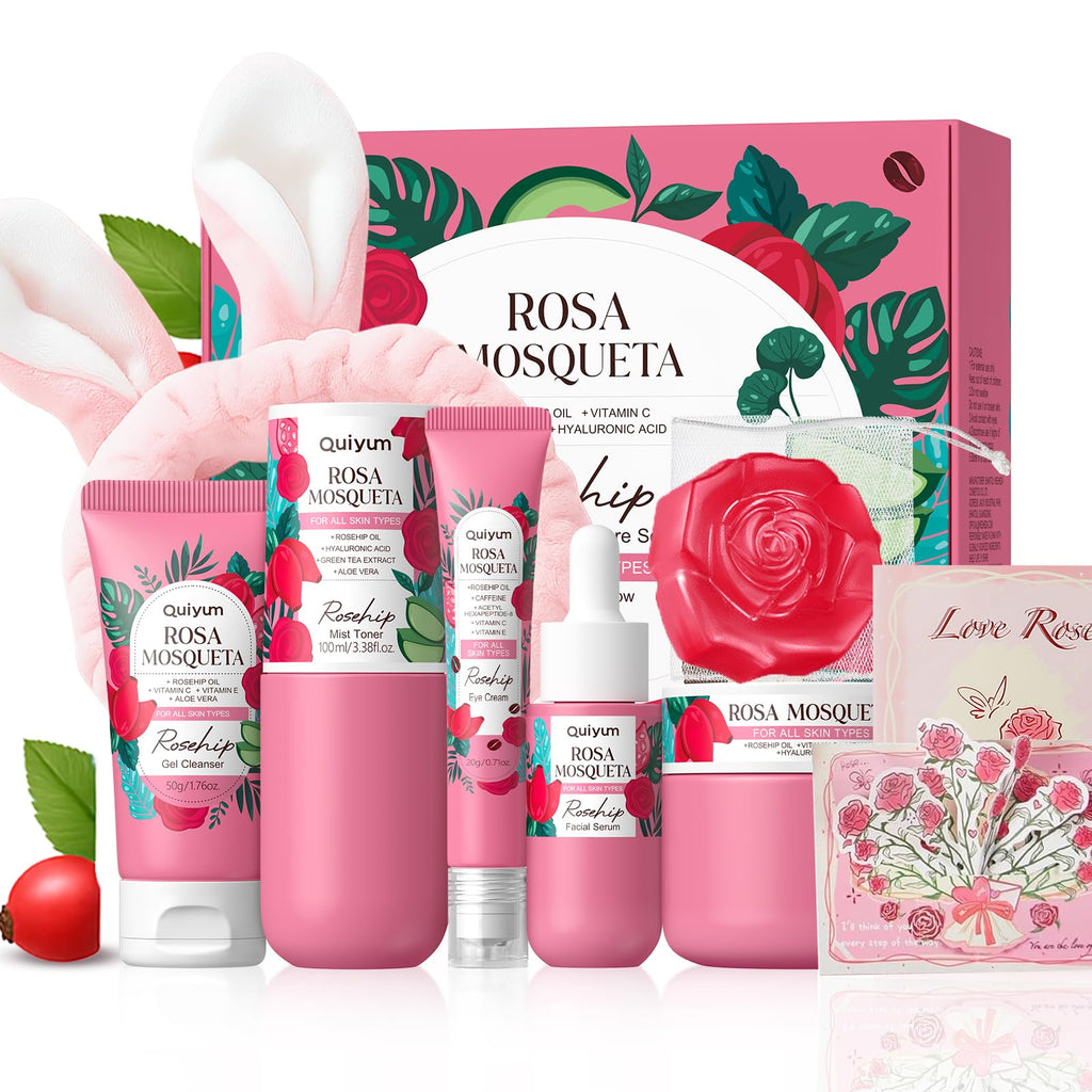 QUIYUM Rosehip Skin Care Sets – 6-Piece Moisturizing Kit for Elasticity, Texture, and Even Tone