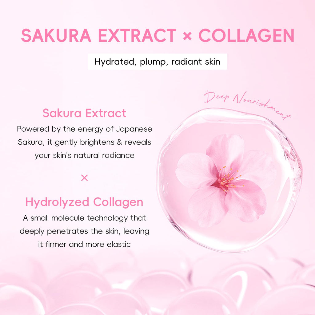 QUIYUM Sakura Collagen Skincare Set – 7pc with Cleanser, Serum, Toner, Cream, Brush, Hair Band & Makeup Bag