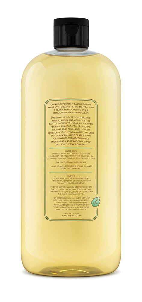 Quinn's Pure Castile Organic Liquid Soap, Peppermint, 32 oz | Multi-Purpose, Vegan & Biodegradable