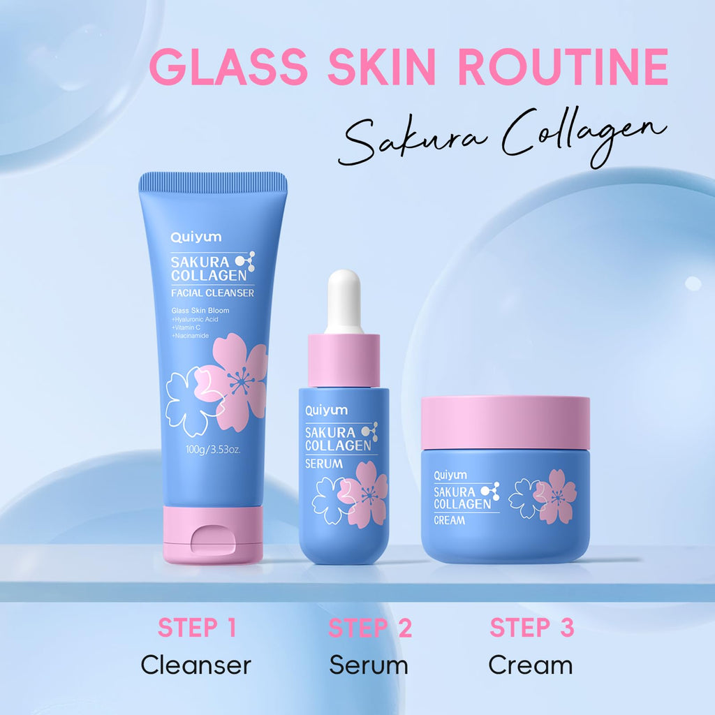 QUIYUM Sakura Collagen Skin Care Set – 5pc Cleanser, Serum, Cream, Pink Brush & Accessories