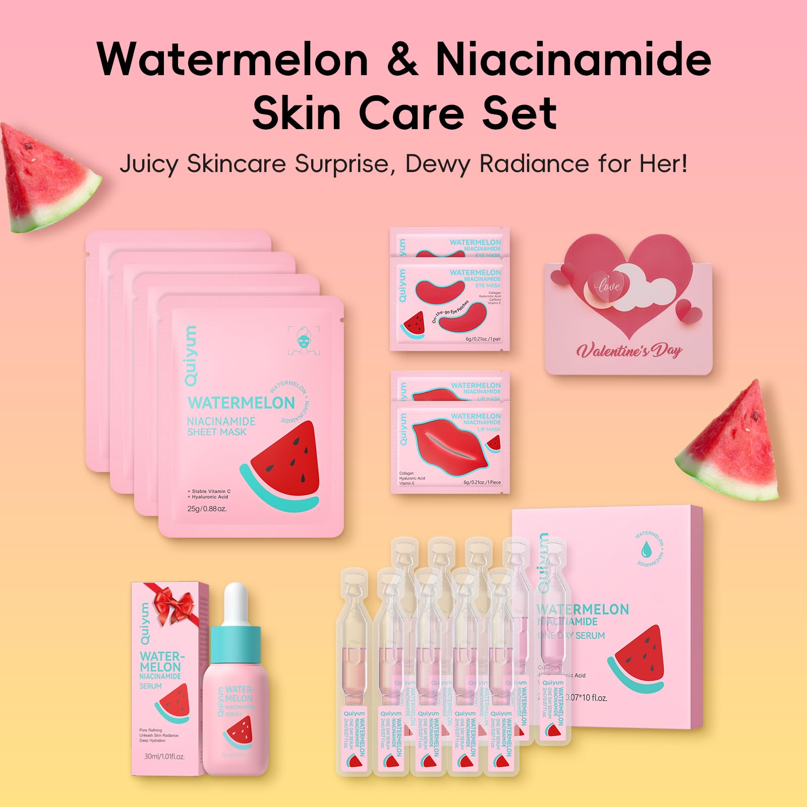 QUIYUM Valentine's Day Watermelon Niacinamide Skin Care Set – Red Heart Gift Box