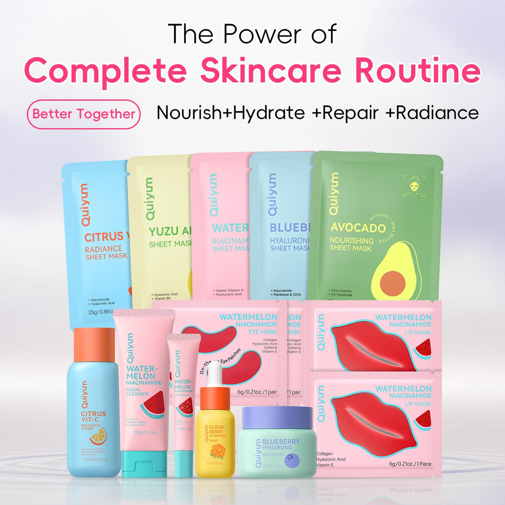 QUIYUM Fruit Skincare Set — Pink Plush Bag & Strawberry Nail Art | Hydrating Glow & Oil Control